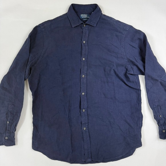 Polo Ralph Lauren Other - Vintage Y2K Polo Ralph Lauren Men Navy Blue Linen Shirt Classic Fit L Chest 48"